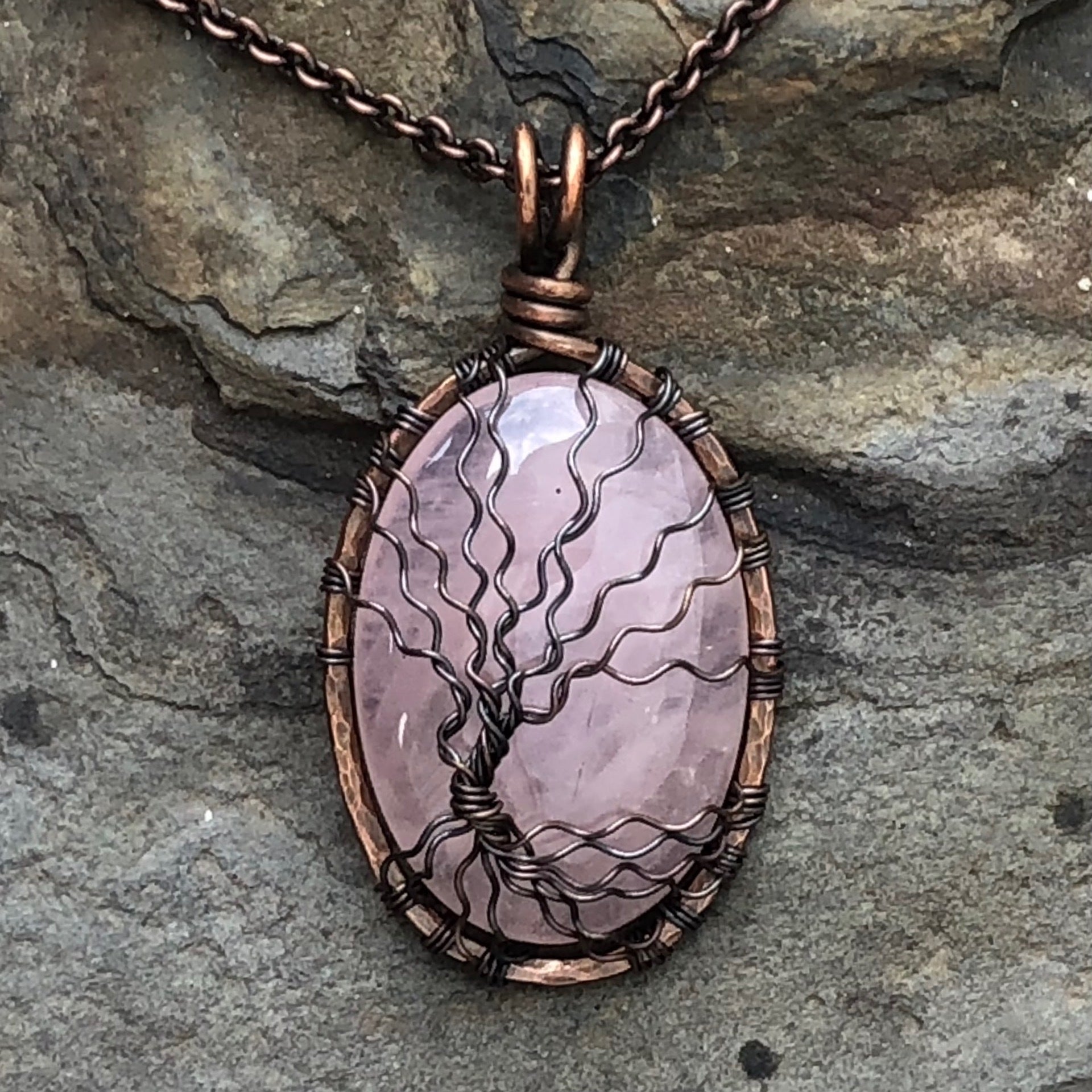 Tree of Life Copper Wire Weave Dragon Vein Agate Pendant high quality Necklace- Patinaed Copper